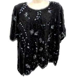 Vintage Creative Touch Top Women's Beaded Embroidered Black & Jewel Tones Party